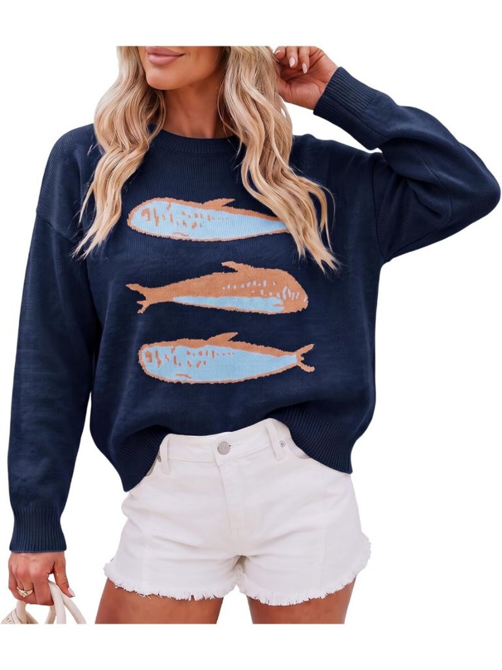 Lightweight Knit Fish Graphic Sweater - Cozy Crewneck Pullover for Women